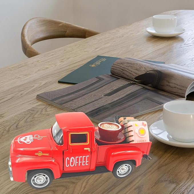 Vintage Mini Metal Pickup Truck with The Coffee Decor and The 4 Books,for Home Farmhouse Kitchen Decor & Coffee Decorations (Coffee-Red)