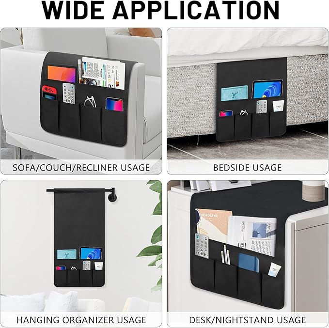 Non-slip Couch Organizer Armchair Caddy, Oxford TV Remote Control Holder Bedside Caddy with 5 Pockets for Key Glasses Phone Magazine Holders.