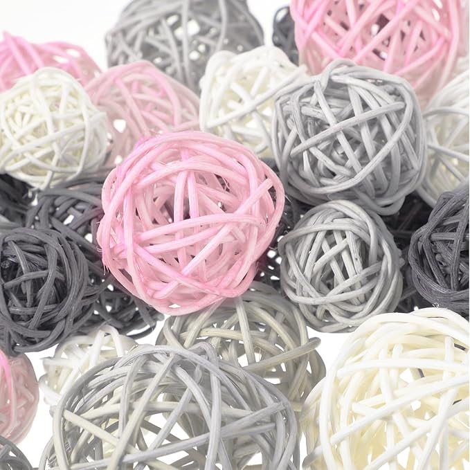 Patelai 36 Pcs Wicker Rattan Balls Decorative Balls for Vase Centerpiece Bowls Orbs Filler for Home Decor,4 Sizes(White, Pink, Light Grey, Dark Grey,2.4'',2'',1.6'',1.2'')