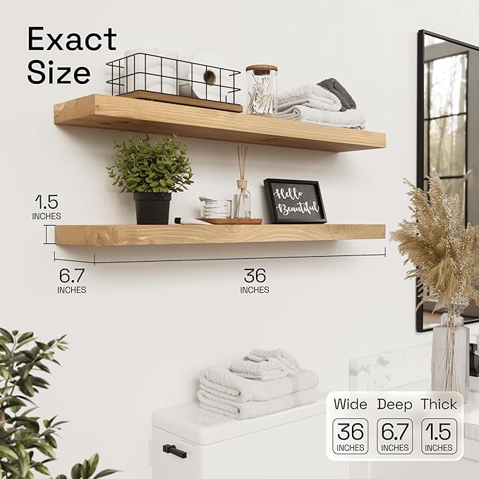 BAOBAB WORKSHOP Natural Wood Floating Shelves for Wall 36 Inches Long, Heavy Duty Wall Shelf for Bedroom, Solid Wooden Bathroom Shelf Large Kitchen Farmhouse, Oak Floating Shelf, 36W × 6.7D, Set of 2