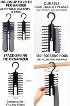 Tie Hanger for Men – 2 Pack Space-Saving Tie Organizer for Closet – Durable Plastic Scarf & Belt Hanger – 20-Tie Capacity Rack, Black – Closet Organizer for Ties, Scarves & Accessories