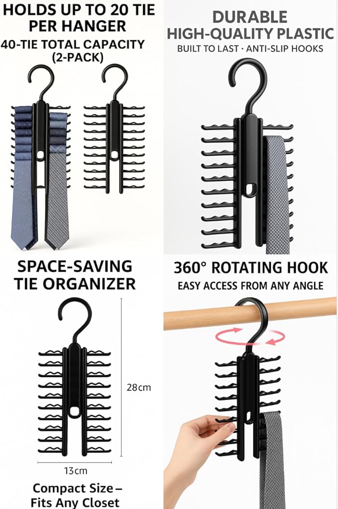Tie Hanger for Men – 2 Pack Space-Saving Tie Organizer for Closet – Durable Plastic Scarf & Belt Hanger – 20-Tie Capacity Rack, Black – Closet Organizer for Ties, Scarves & Accessories