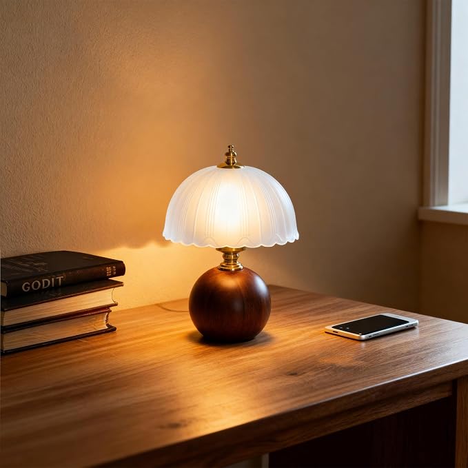 11.8“ Decorative Wooden Table Lamp with Frosted Glass Shade, Dimmable Bedside Nightstand Lamp with E26 Socket & 6ft Cord, Small Accent Lamp for Bedroom & Living Room (White)