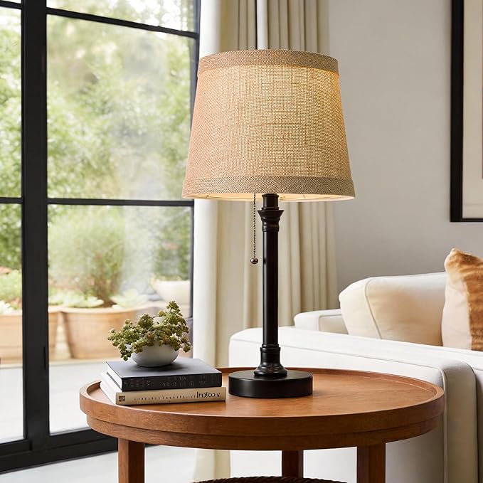 Oneach 19.5" Black Table Lamp Set of 2, Small Bedside Table Lamps with Unique Natural Shade, Pull Chain Switch, USB A+C Charging Ports, Rustic Nightstand Lamps for Living Room, Bedroom, Nursery