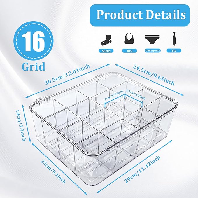 2 PCS Sock Underwear Organizer Clear Storage Containers 16 Cell Adjustable Dividers Plastic Drawer Organizer Box with Lids for Ties Bra Scarf (11.8×9.4×3.9")