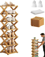 The 7-Tier No-Assembly Bamboo Rack, Bamboo Shoe Rack, Foldable Shoe Rack, Space Saving Collapsible Shelves for Entryway, Closet, Bathroom, Bamboo Shoe Rack, Foldable Shoe Rack (Wood, 7Tier)
