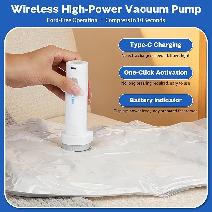 Vacuum Seal Bags For Clothing Travel With Wireless Electric Pump，9 Combo Space Saver Vacuum Storage Bags In 3 Sizes，Compression Travel Packing For Luggage,Ideal For Air Planes, Apartments