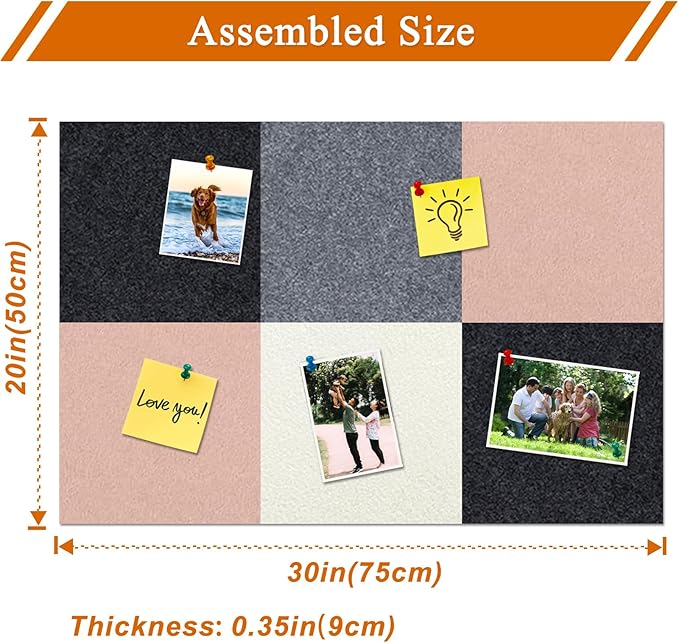 Square Felt Cork Bulletin Board Tiles, Self Adhesive DIY Felt Pin Board for Wall 30" x 20" with 35 Pushpins for Office School Home Wall Decor Stickers Memos Photos Display (Camel & Grey)