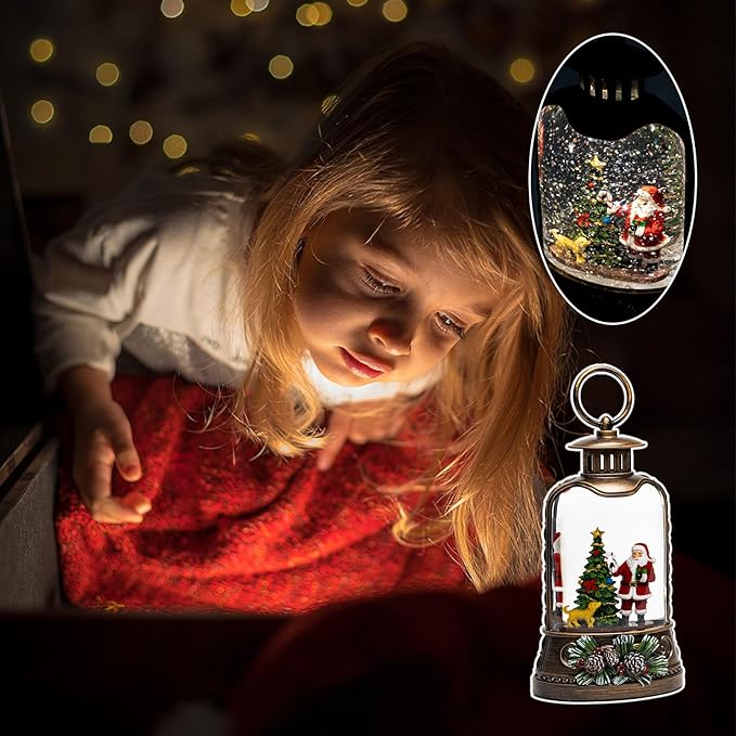9.6" Christmas Snow Globe Lantern with Santa Claus - Water Swirling Glitter LED Light Musical Lantern with Exterior Decor - Vintage Xmas Gifts - USB Plug or Battery Operated Home Decor (Santa & Dog)