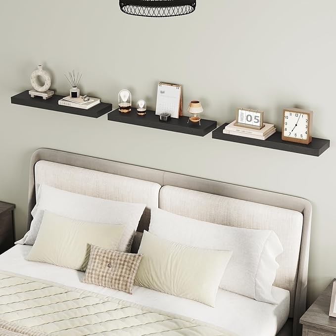 RALGEND Floating Shelves for Wall, 1.5" Thick Wall Shelf Set of 3 with Invisible Brackets, 23.6L x 7.9W Hanging Book Shelves Farmhouse Home Decor for Bathroom, Living Room, Bedroom, Black 6301BJP3BK