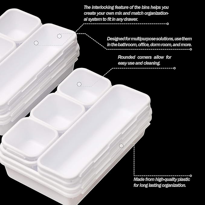 42 Pack Interlocking Desk Drawer Organizer Tray Dividers Plastic Shallow Narrow Drawers Organizers Separators Storage Bins Container for Kitchen Bathroom Makeup Office Vanity Dresser White