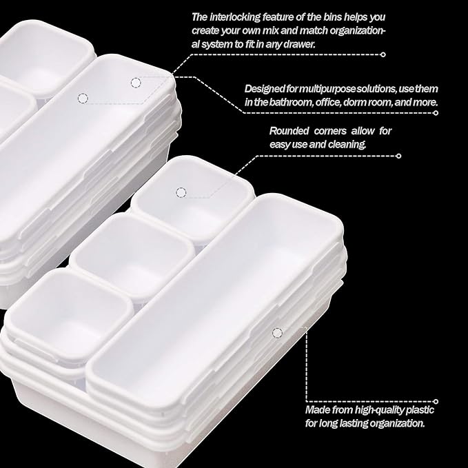 Set of 24 Interlocking Desk Drawer Organizer Tray Dividers Plastic Shallow Narrow Drawers Organizers Separators Storage Bins Container for Kitchen Bathroom Makeup Office Vanity Bedroom Dresser White