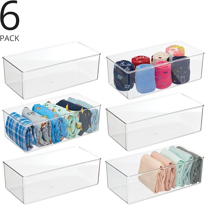 mDesign Long Plastic Drawer Organizer Box, Storage Organizer Bin Container; For Closets, Bedrooms, Use for Leggings, Socks, Ties, Jewelry, Accessories - Lumiere Collection - 6 Pack - Clear