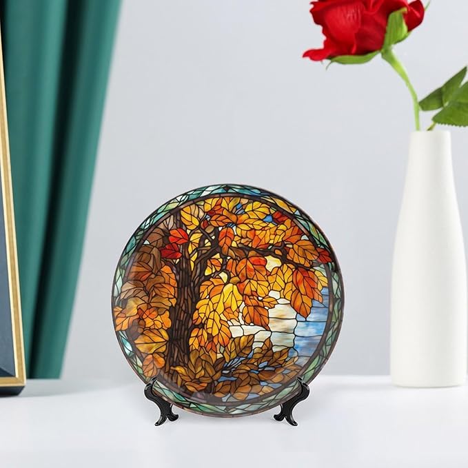 Stained Glass Design Autumn Tree Decorative Plates Home Decor Ceramic Plates, Fall Season Dinner Plates Display for Living Room, Kitchen, Hallway Console Side Table, Thanksgiving Gifts, 6 Inch