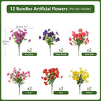 INQCMY Artificial Fake Petunias Flowers for Outdoors Spring Decoration, 12 Bundles Faux Plants UV Resistant Realistic Silk Flower for Outside Planters Patio Porch Yard Window Box (6 Mix Colors)