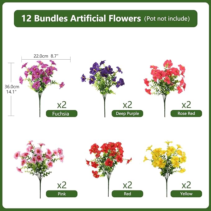 INQCMY Artificial Fake Petunias Flowers for Outdoors Spring Decoration, 12 Bundles Faux Plants UV Resistant Realistic Silk Flower for Outside Planters Patio Porch Yard Window Box (6 Mix Colors)