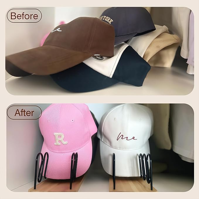 Hat Organizer for Baseball Caps-2 PacK | Wood & Metal Hat Rack Holds 14 for Baseball Caps | Space-Saving Closet Shelf Organizer for Bedroom, Dresser, Entryway