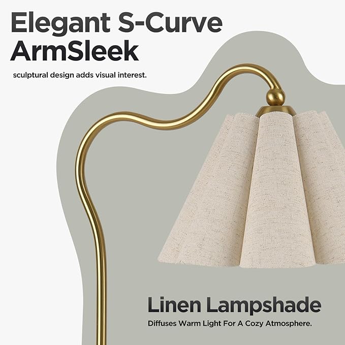 Table Lamp with Beige Pleated Linen Shade, Curved Gold Metal Base, E26 Socket – 23" Tall Modern Bedside Desk Lamp for Bedroom, Living Room, Office – Bulb Not Included