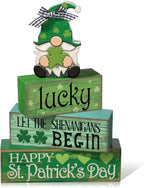 Moucuny 4 Pcs St. Patrick's Day Table Decoration Irish Tiered Tray Decor Wooden Gnome Shamrocks Block Signs Happy St. Patrick's Day Centerpiece for Tables Irish Wooden Sign for Home Decor