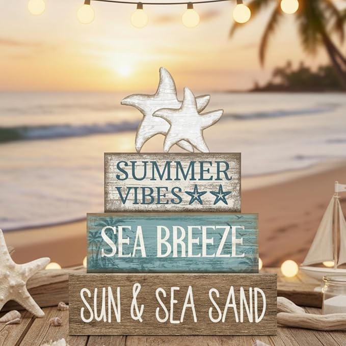 Yuntau 4 Pcs Summer Beach Decorations for Home Beach Tiered Tray Decor Starfish Coastal Rustic Starfish Wooden Block Table Sign Stacked Book Nautical Table Centerpiece for Farmhouse Office Desk Shelf