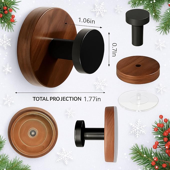 Suction Cup Hooks for Wreaths for Glass，twist suction cup hooks, No Damage Wreath Hanger for Glass Doors, Magnetic Door Hooks for Wreaths, Wreath Hanger Suction Cup for Front Door (Walnut, 4-Pack)