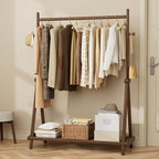 Solid Wood Clothes Rack,Freestanding Garment Rack & Coat Tree,Extra-Long 39.38" Hanging Rod, Double Storage Shelves for Bedroom, Entryway, Hallway