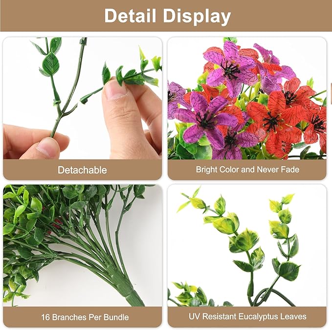 Artificial Hanging Flowers for Outdoors, 2 Pcs Fake Hanging Plant Spring Summer Decor, UV Resistant No Fade Realistic Faux Flower for Front Door Porch Planter Patio Garden Yard(Red Purple)