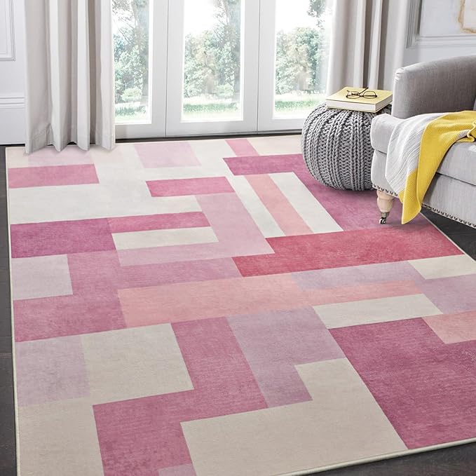 FlyDOIT Modern Geometric Patchwork Area Rug, 8x10 Pink Large Rugs for Living Room, Rockwood Collection Indoor Rugs for Bedroom, Throw Carpet Floor Decor for Entryway Dining Room Office Nursery
