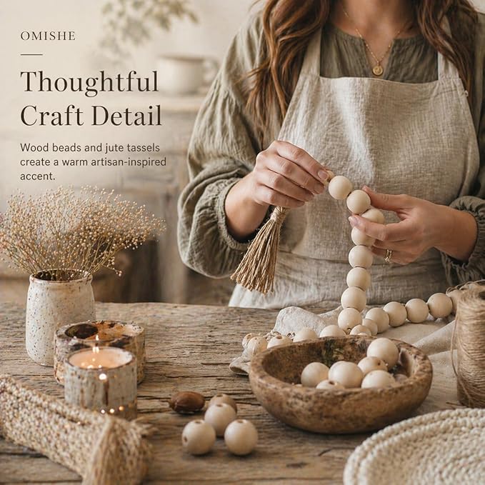 OMISHE 76" Long Extra Large Wood Bead Garland with 1.6" Diameter Wooden Beads and Tassels, Rustic Farmhouse Country Decorative Beads for Home Tiered Tray Decor, Natural Beige