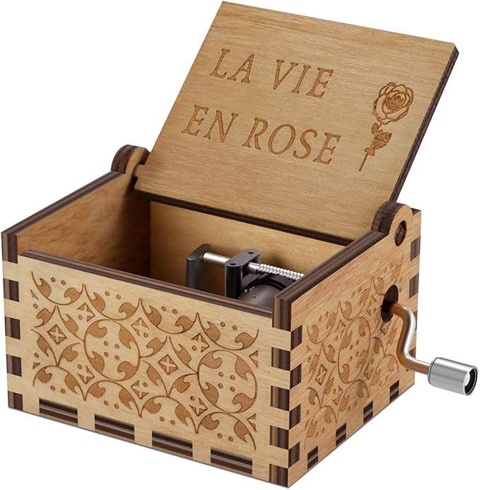Wood La Vie En Rose Music Boxes,Carved Hand Crank Musical Box Wooden Classic Handmade Engraved Valentines Birthday Gift for Kids Boys Girls Friends (Wood-La Vie En Rose)