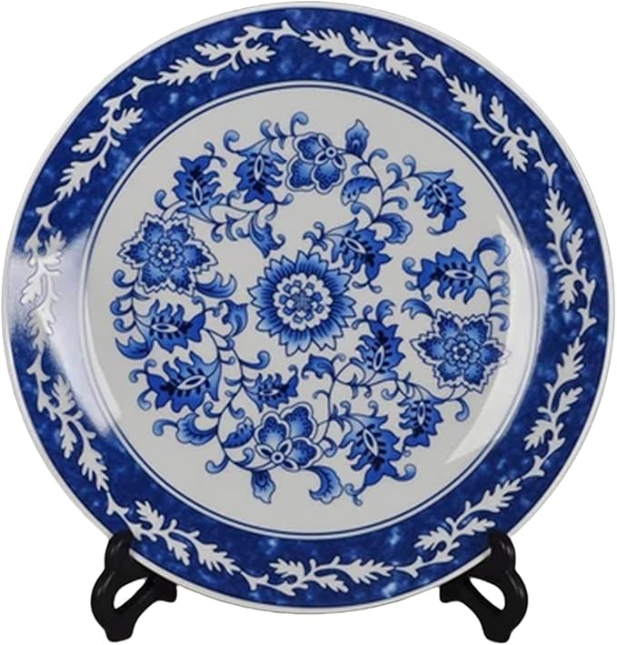 Blue and White Porcelain Decorative Plate of 10.4‘’ 26cm Oriental Floral Pattern Ceramic Ornaments Dessert Plates, 1 Plate with 1 Display Stand