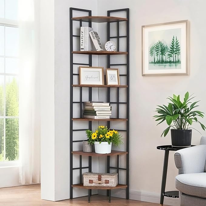 HOMISSUE Corner Shelf, 6 Tier Tall Narrow Bookshelf 76.9", Industrial Corner Bookcase with Storage for Home Office Living Room and Bedroom, Rustic Brown