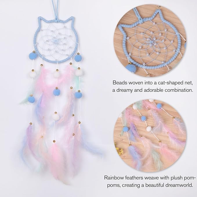 Pretty Jolly Blue Cat Kids Dream Catcher Wall Decor Pompom Feather Baby Dreamcatcher Handmade Children Dream Catcher Home Décor Wall Hanging for Nursery Bedroom Boys Girls Birthday Gift-25.6in