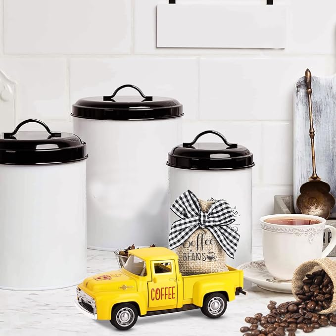 Hooqict Coffee Bar Decor Mini Metal Yellow Truck with Coffee Beans Burlap Sack for Summer Fall Home Farmhouse Kitchen Tiered Tray Decor Coffee Bar Accessories Coffee Station Decoration