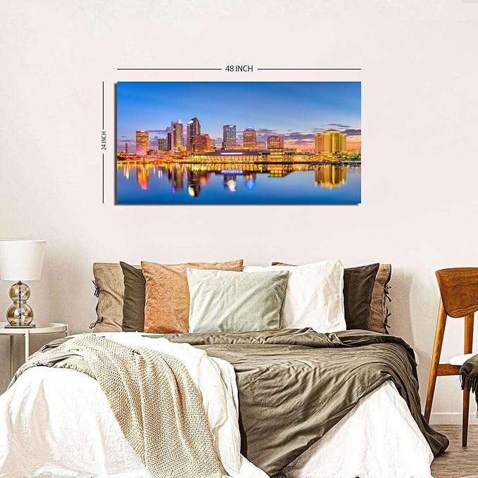 AIYISU Florida Wall Art Tampa Downtown Skyline Canvas Picture USA City Landscape Wall Decor, Modern Cityscape Painting Night River Prints Poster Artwork for Living Room Bedroom Home Decoration 24x48