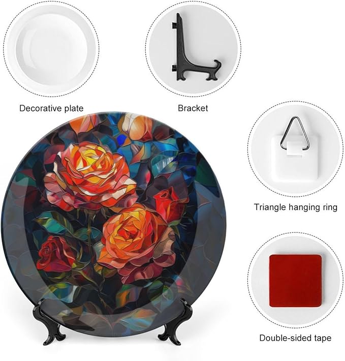 Stained Glass Theme Decorative Ceramic Plate Round Porcelain Plate,10 inch,Roses Pattern,for Decorative Ornaments Giving Plates, 1 Plate with 1 Display Stand,Green Red Orange