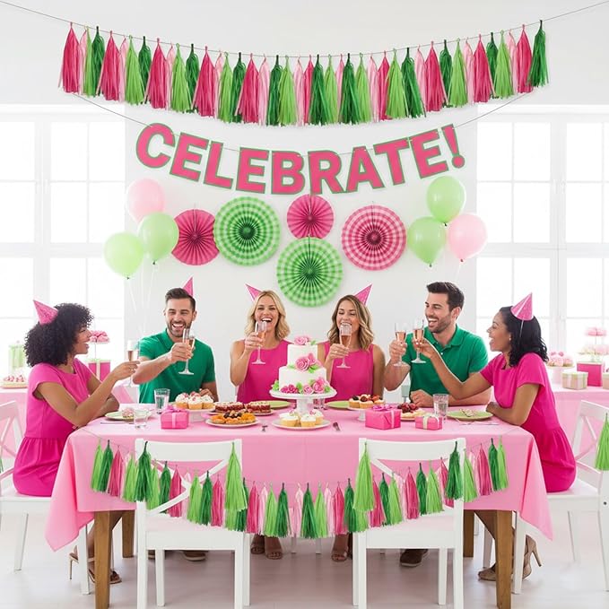 Pink and Green Tassel Garland,Paper Tissue Tassel Banner for Party Decorations,Pack of 20
