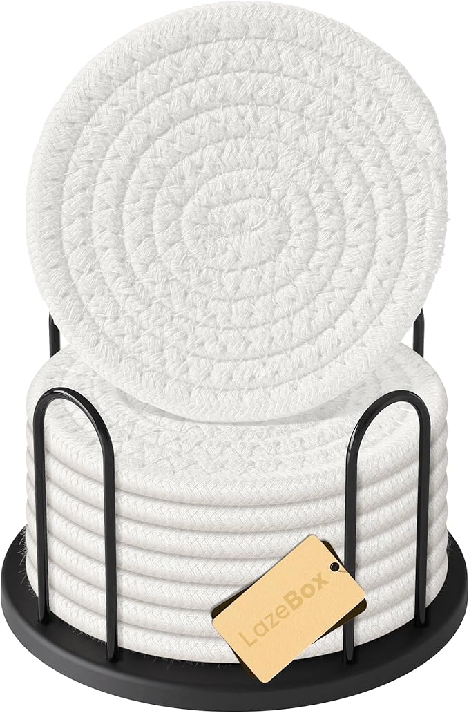 Lazebox Coasters Set of 8 for Drinks, 4 Inch Large Coasters for Coffee Table, Tabletop Protection for Hot & Cold Drinks, Versatile Coasters for Home Decor, Non-Slip & Easy to Clean, White