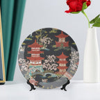 Decorative Plate Chinoiserie Charcoal Coral Pagoda Asian Customize Decor for Festival Display Home Kitchen Ceramic Dinner Plate 1 Plate with 1 Display Stand, Multi Sizes, Gifts for Men Women