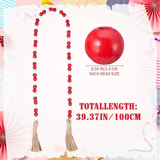 Equsion Seasonal Wooden Bead Garland with Tassels, 3.3 ft Holiday Vintage Boho Bead Garland Easter Tray Decoration, Vase Wall Room Art Birthday Party Decoration(Burgundy, Red, White)