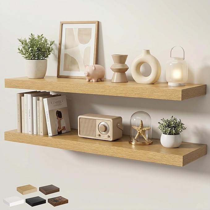 Floating Shelves for Wall 48 in x 9.3 in Deep, Wall Mounted Rustic Wood Shelf with Invisible Brackets for Storage & Display, Living Room Bedroom Bathroom, Oak, 2 Pack