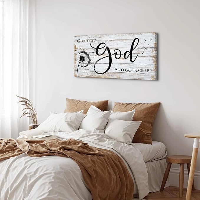 AIYISU Christian Bible Verses Wall Art Rustic Wall Decor for Bedroom Living Room Dandelion Pictures Give It To God and Go To Sleep Sign Canvas Painting Religious Poster Artwork Home Decorations 20x40