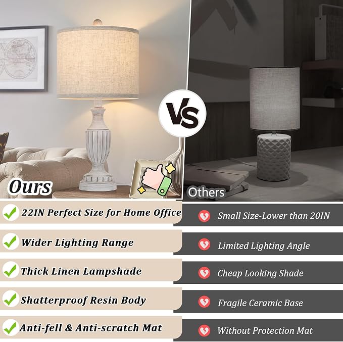 TOBUSA Farmhouse Living Room Table Lamps Set of 2, Grey Rustic Vintage Table Lamps for Bedroom Nightstand, Antique Bedside Desk Lamps with Linen Shade, 22’’ Traditional Resin Lamp Sets for End Table