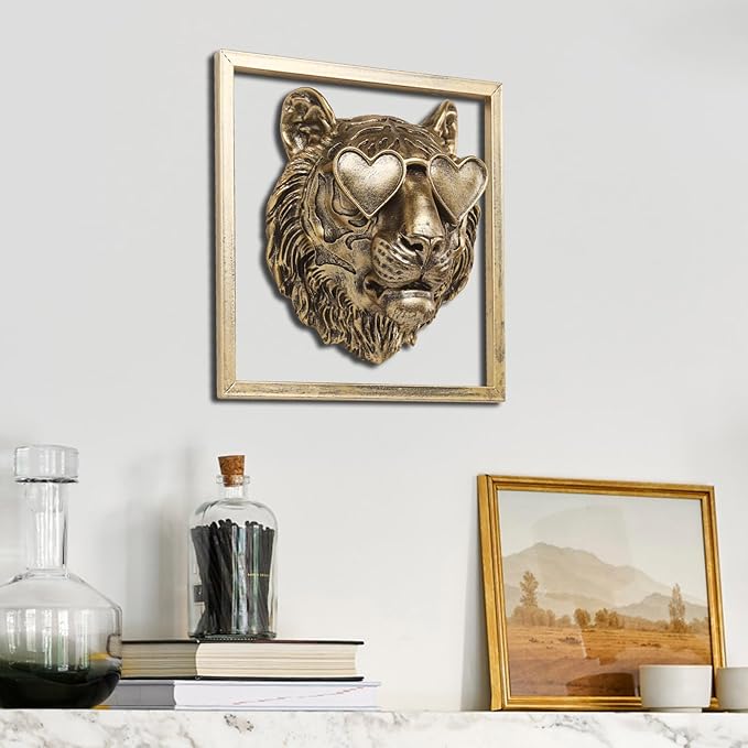 Newinhome Animal Heads Wall Decor (Includes Metal Frame) Resin Animals Sculptures Head Wall Hanging Decoration Gold vintage Wall Sculpture for Living Room Bedroom Office(Tiger)