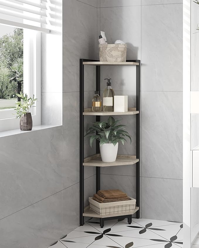 Hzuaneri Corner Shelf Stand, Corner Bookshelf, Storage Standing Shelf Unit with Metal Frame, Plant Stand, Bookcase for Living Room, Home Office, Bedroom, 4-Tier Greige CS05805B