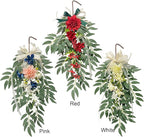 Artificial Hydrangea Teardrop Swag Hanging Floral Spring Swag Wreath with Willow Leaves Fake Plant Ivy Branch for Front Door Wedding Arch Window Wall Decor(White)