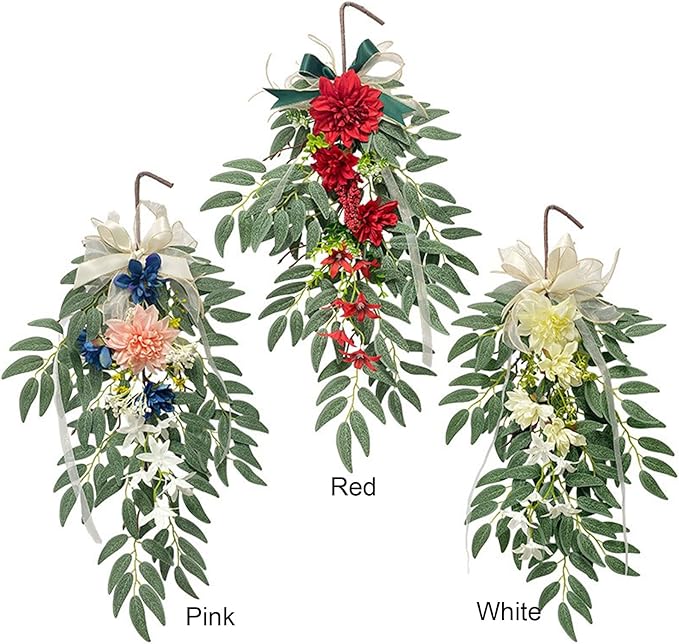 Artificial Hydrangea Teardrop Swag Hanging Floral Spring Swag Wreath with Willow Leaves Fake Plant Ivy Branch for Front Door Wedding Arch Window Wall Decor(White)