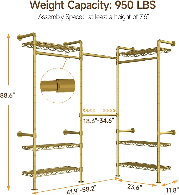 L3 Industrial Pipe Closet Organizer System, Wall Mounted Clothes Rack Clothing Racks with 4 Telescopic Rods & 6 Shelves , Heavy Duty Closet System in Wardrobe Closet (Gold)