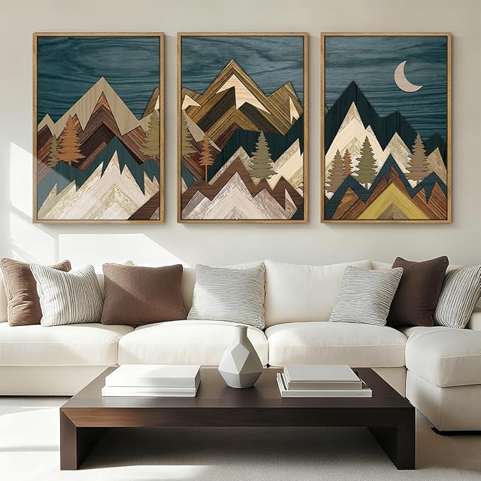 BINCUE Extra Large Mountain Wall Art Moon Froest Wall Decor Nature Landscape Art Print Framed Mountain Artwork Farmhouse Rustic Wall Paintings Large Landscape Artwork for Living Room Bedroom Office 24x36 Inches Set of 3
