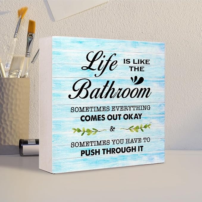 Blue Wood Life is Like The Bathroom Wooden Box Sign Desk Decor,Funny Bathroom Wood Block Sign for Farmhouse Toilet Shelf Decor